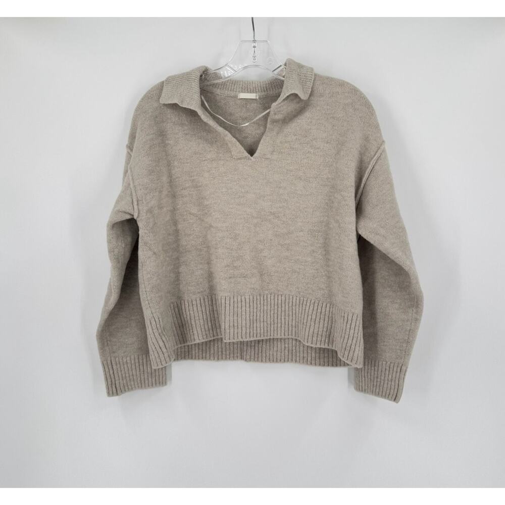 GU Womens Gray Collared V Neck Long Sleeve Crop Sweater Sz M